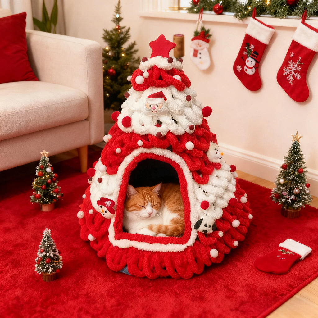 Christmas Tree Cat House & Bed – Winter Warm Enclosed Cat Nest, Cozy Security Hideaway for Cats & Kittens