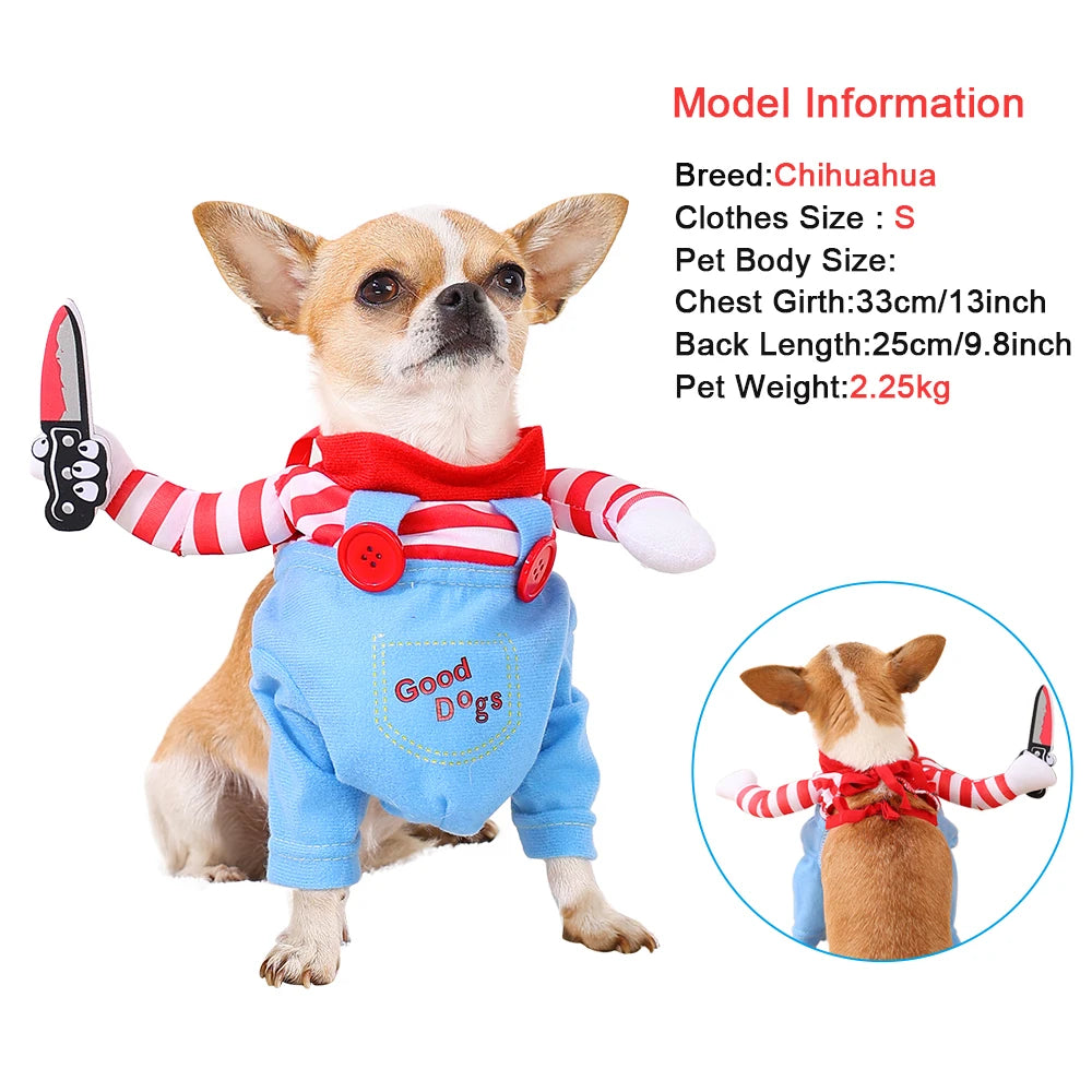 Chihuahua dog wearing a red and white striped shirt with blue pants labeled 'Good Dogs' on a white background.