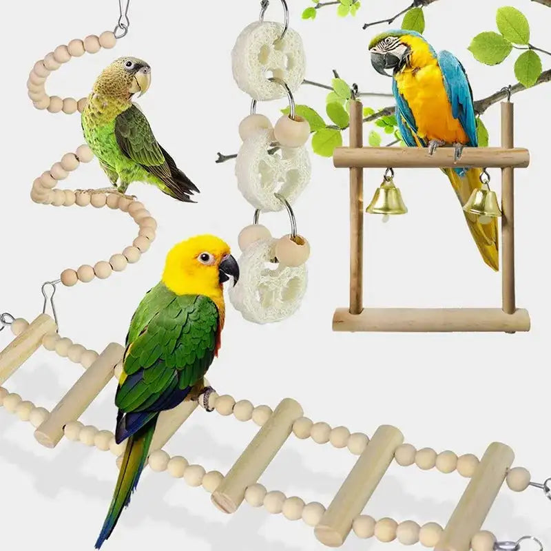 8-Piece Parrot Toy Set: Wooden Chew Toys, Swings, Bells & More for Training and Play