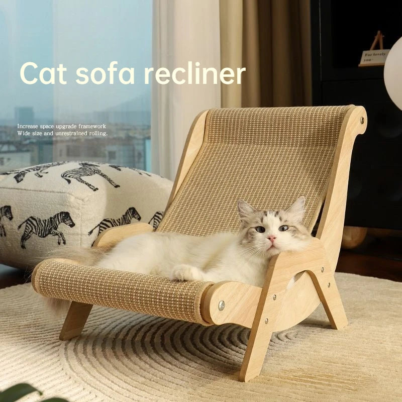 Cat lounging on a wooden and wicker cat bed with a cityscape in the background
