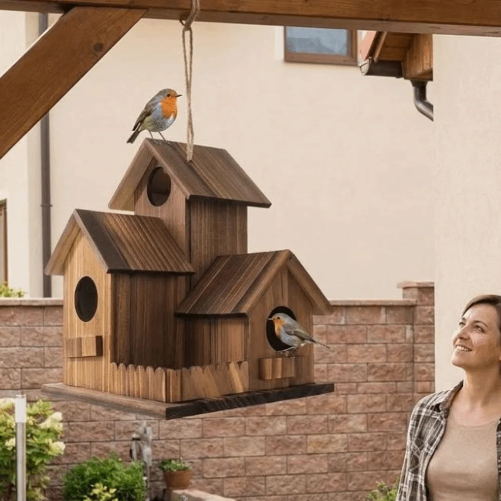 Woman looking at a wooden birdhouse with two birds on a house exterior.
