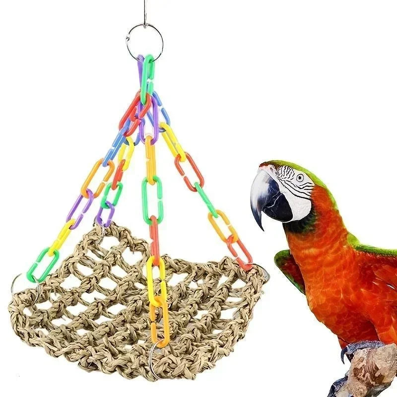 Colorful triangular bird toy with a woven base and a parrot on a white background