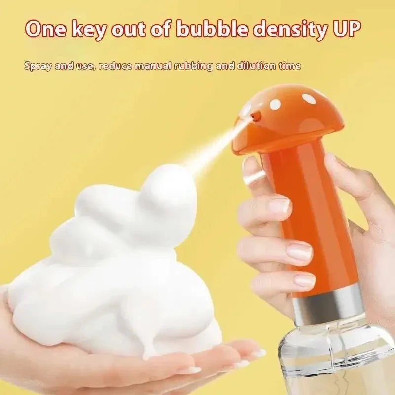 Mushroom-shaped bubble machine being used to create bubbles with text on a yellow background