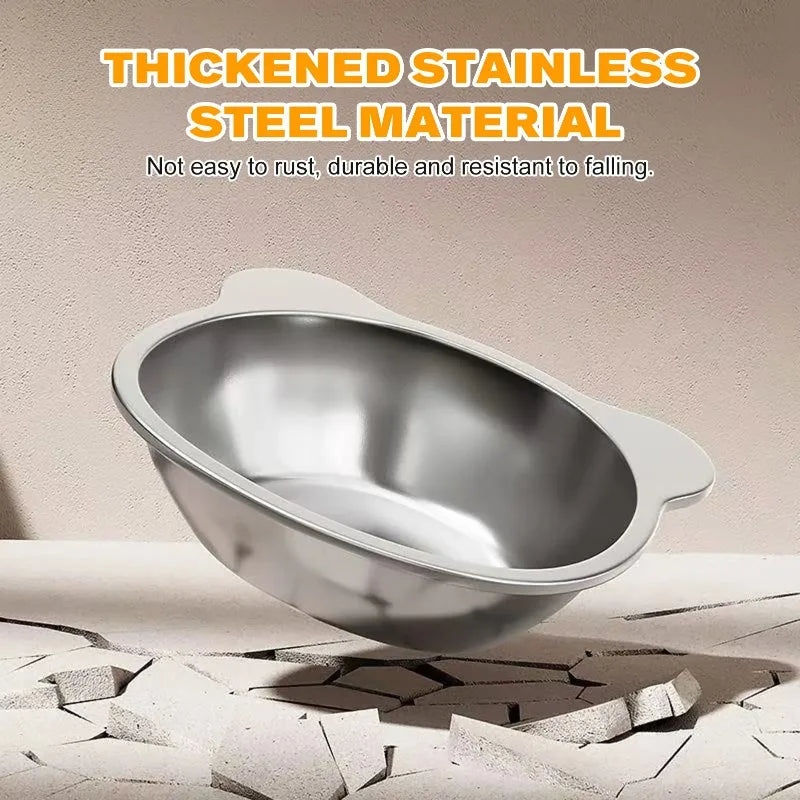 Stainless steel bowl with text highlighting material properties on a beige background