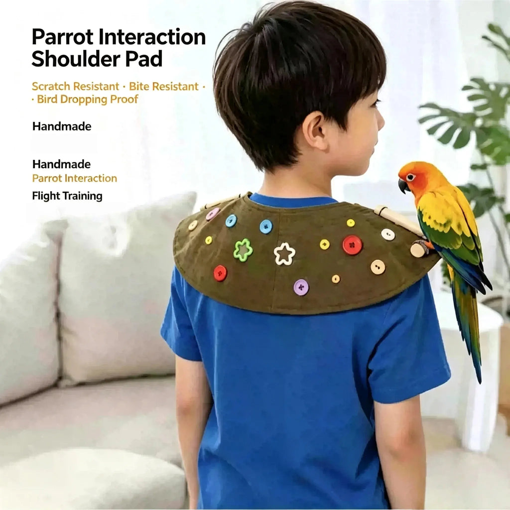 A child shown from the back wearing a brown padded shoulder pad decorated with colorful buttons and shapes, while a yellow-and-green parrot rests on the shoulder. Text on the left reads 'Parrot Interaction Shoulder Pad' with feature callouts like scratch resistant, bite resistant, and parrot interaction.
