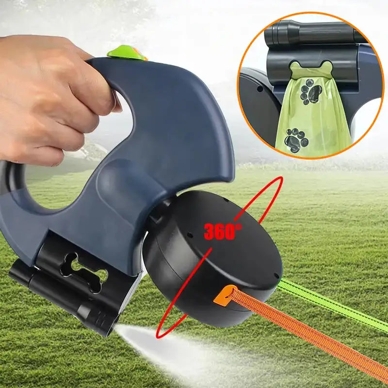 2-in-1 Auto-Retract Dual Dog Leash: LED Light + Tangle-Proof 360° Swivel & Poop Bag Dispenser