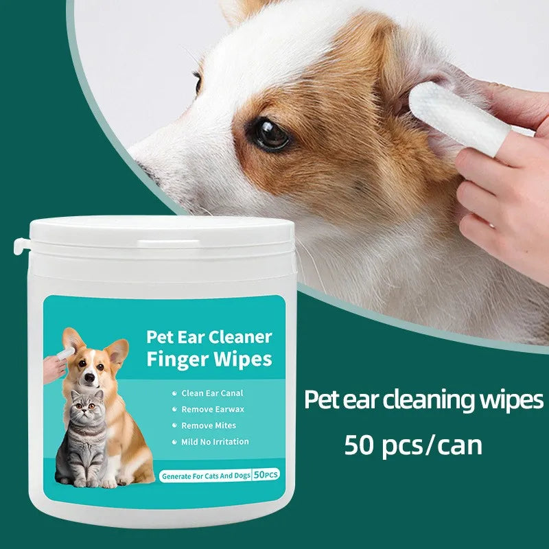 Pet ear cleaning wipes with a dog being cleaned and product packaging on a green background