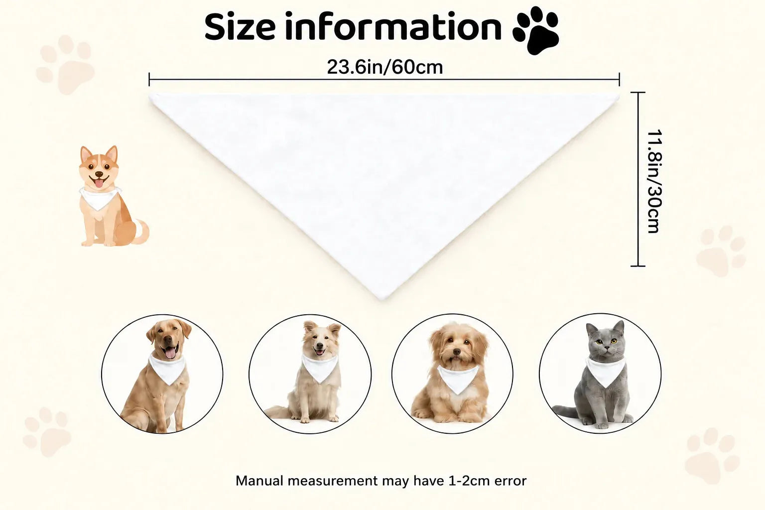 Size information graphic for a white pet bandana, showing a large triangle diagram labeled 23.6in/60cm by 11.