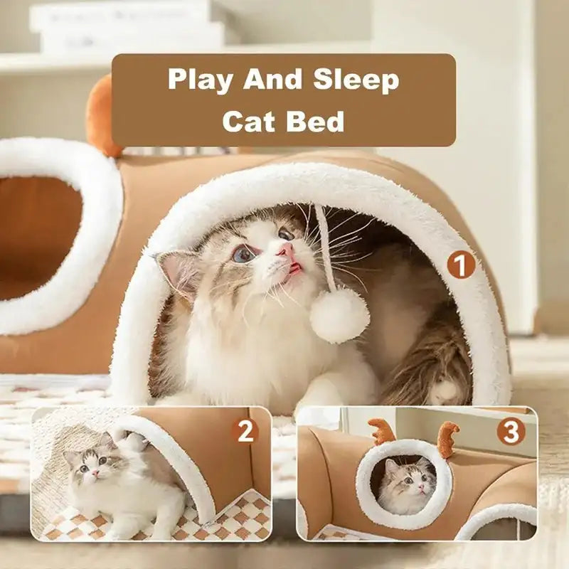 Cozy Reindeer Donut Bed – 2-in-1 Snuggle & Play Hideaway for Winter-Loving Cats