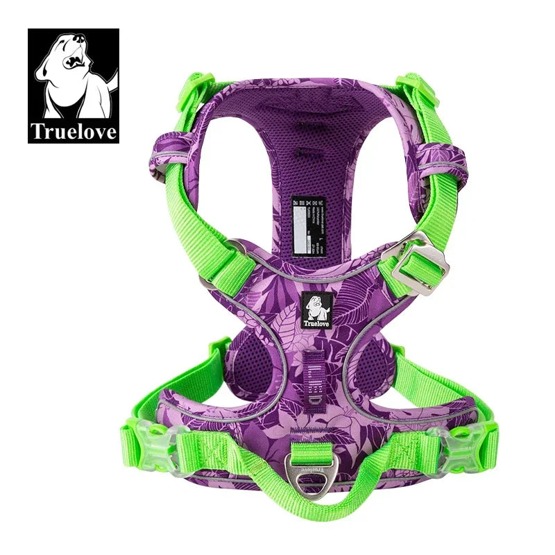 Purple and green dog harness with 'Truelove' branding on a white background