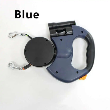 2-in-1 Auto-Retract Dual Dog Leash: LED Light + Tangle-Proof 360° Swivel & Poop Bag Dispenser