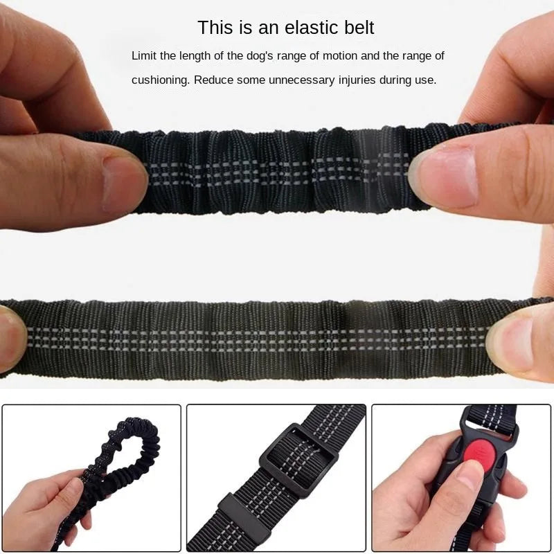 Black elastic belt being held by hands with text explaining its use.
