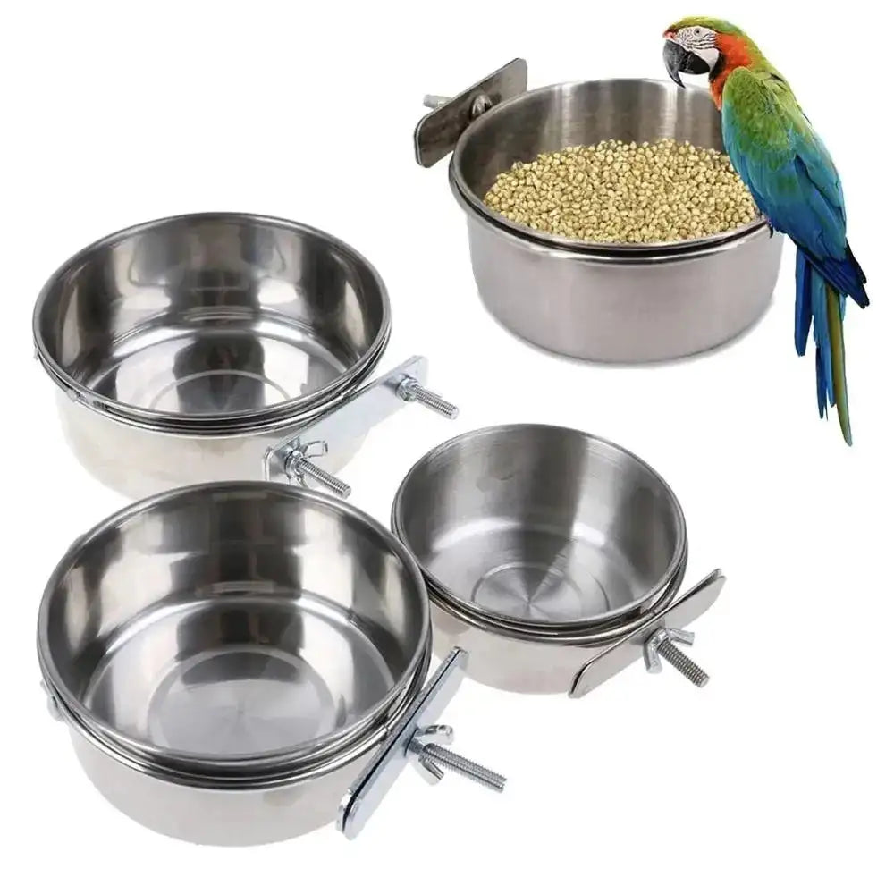 Stainless Steel Clamp-On Bird Feeder Bowl - Ideal for Parrots, Rabbits, and Hamsters