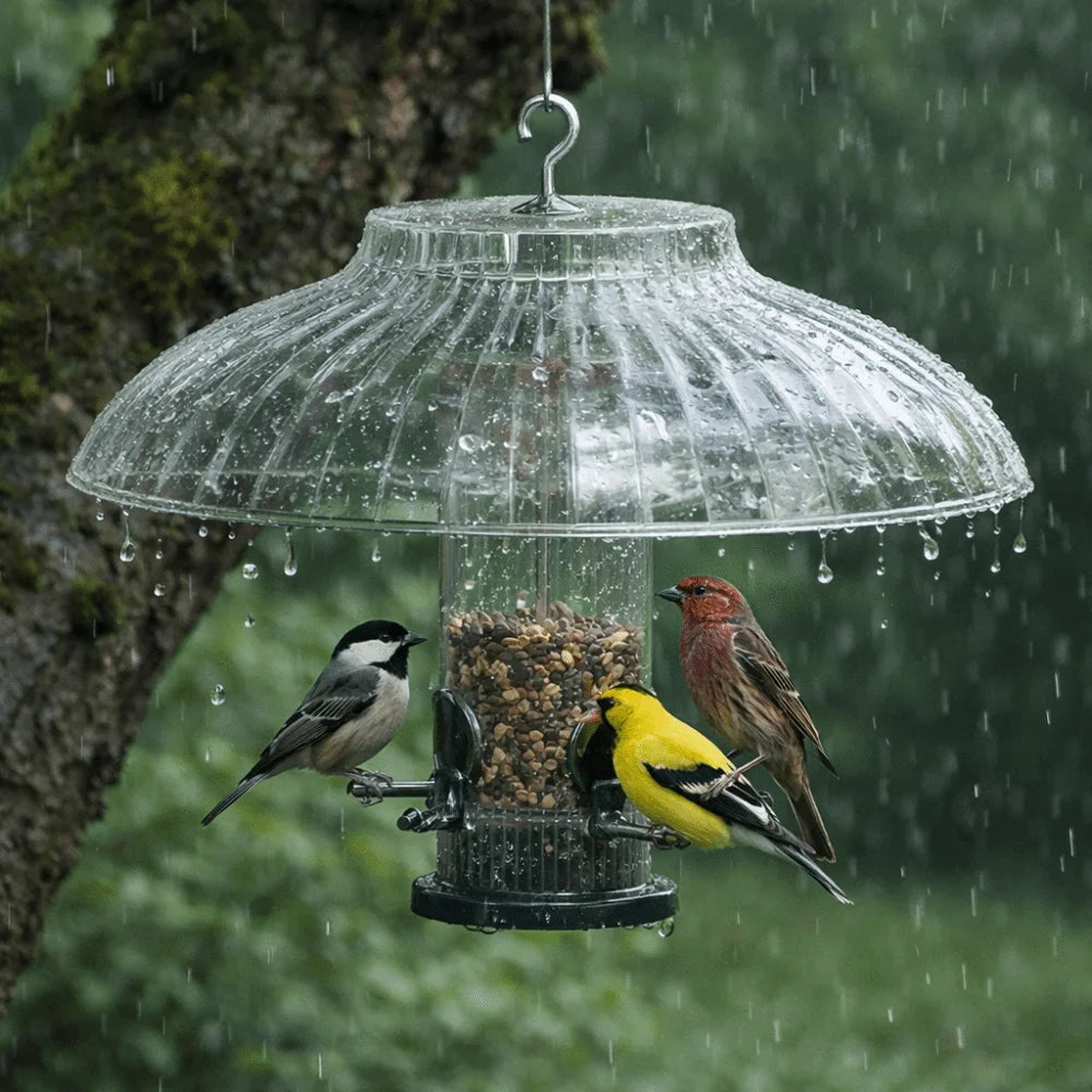 A clear plastic bird feeder with a ribbed dome lid hangs from a hook in the rain, with three birds perched on the feeder. The feeder is filled with seeds and is set against a blurred green outdoor background with raindrops visible.