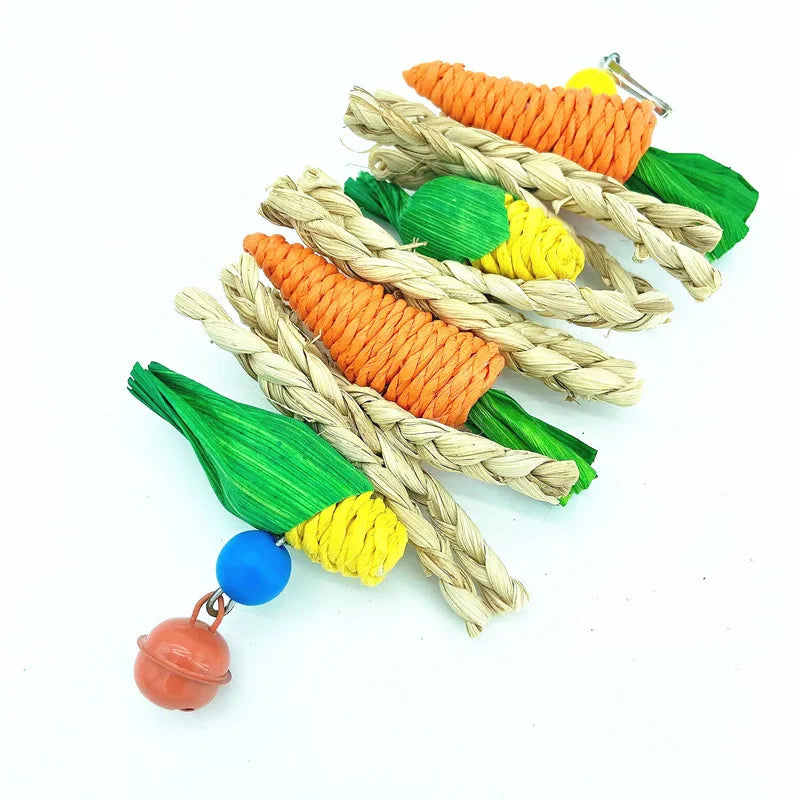 Colorful pet toys shaped like carrots and corn on a white background