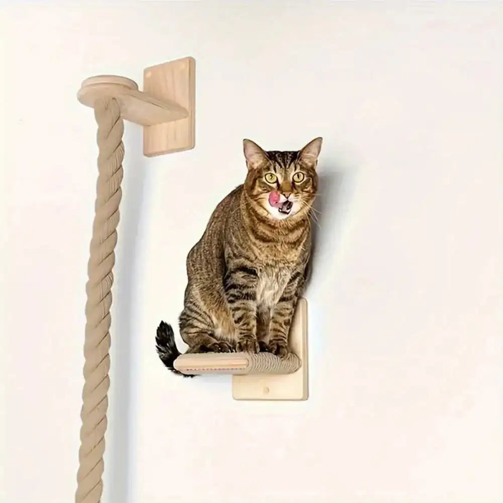 Wall-Mounted Cat Climbing Shelf - Wood & Sisal Scratching Post