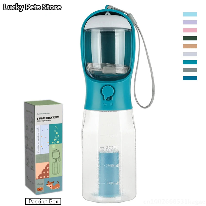3-in-1 Travel Pet Water Bottle – 600ml Portable Dog/Cat Bowl with Poop Bag Dispenser & Food Container
