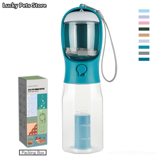 3-in-1 Travel Pet Water Bottle – 600ml Portable Dog/Cat Bowl with Poop Bag Dispenser & Food Container