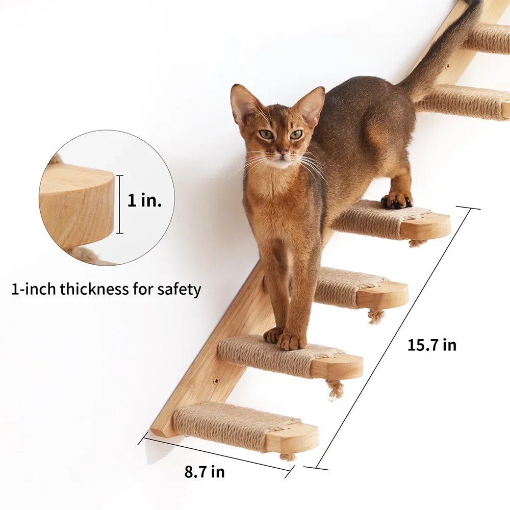 Cat standing on a wooden cat tree with measurements indicated