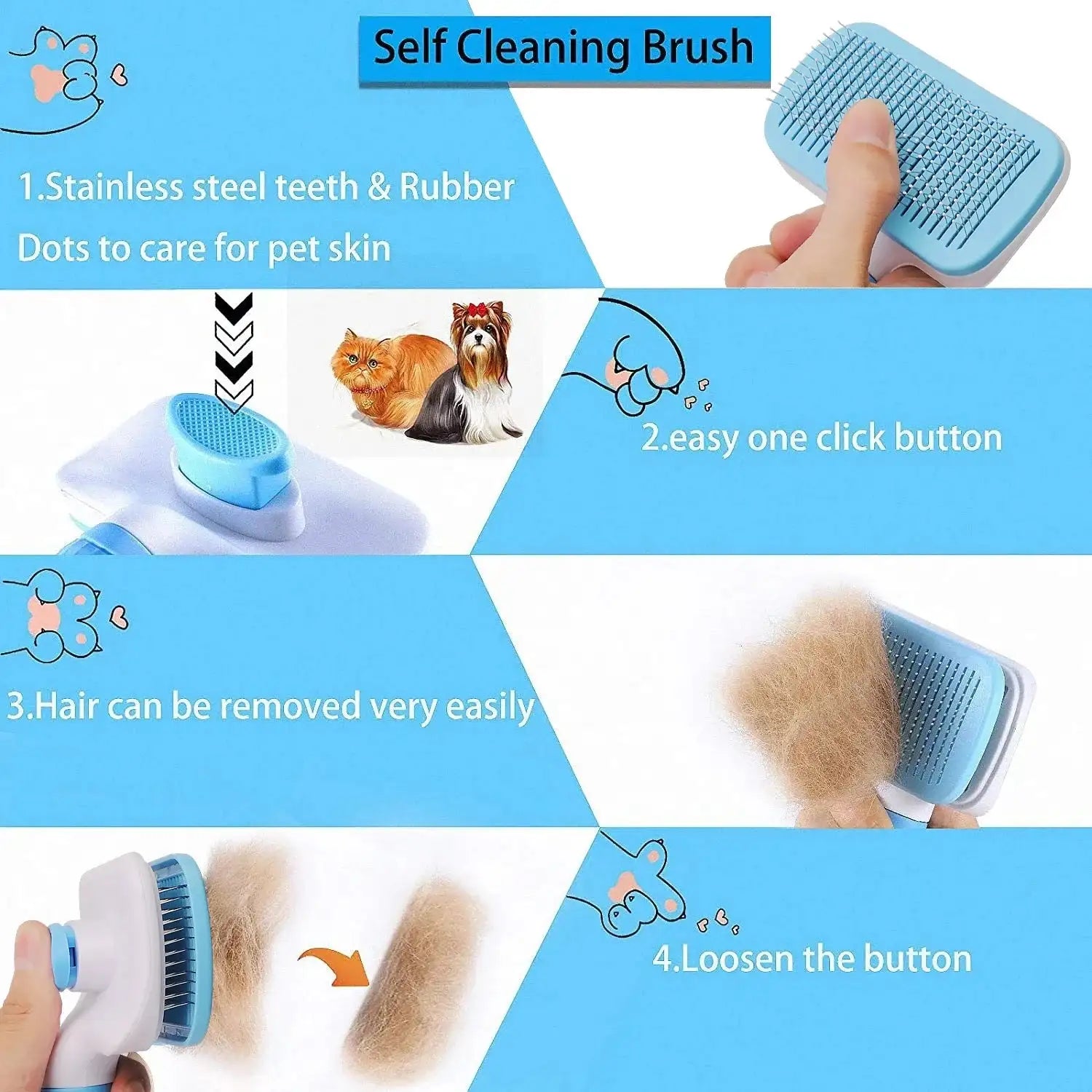 Dog & Cat Hair Remover Brush - Stainless Steel Grooming Comb for Long Hair Pets - Easy Cleaning & Massaging