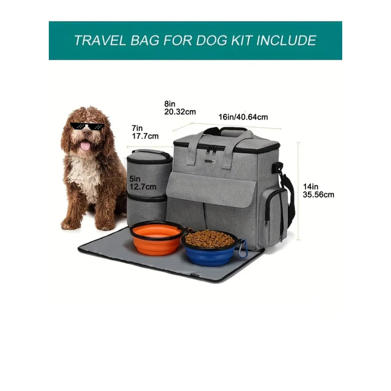 Travel bag for dog kit with dimensions and a dog wearing sunglasses.