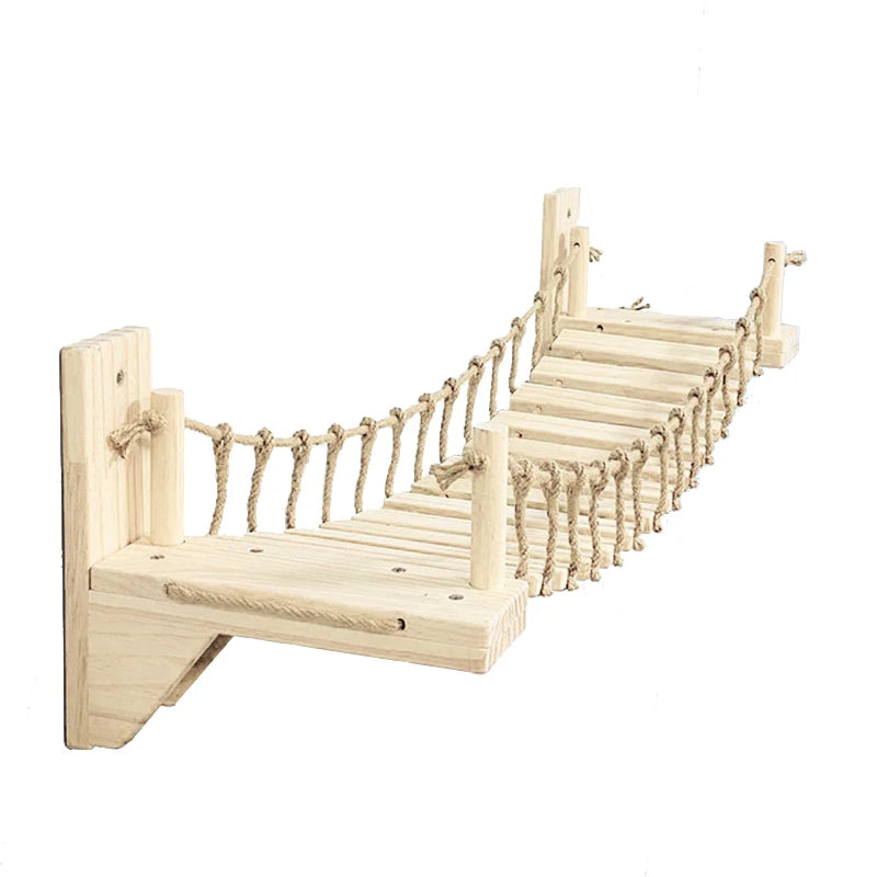 Wooden climbing toy with rope for small animals on a white background