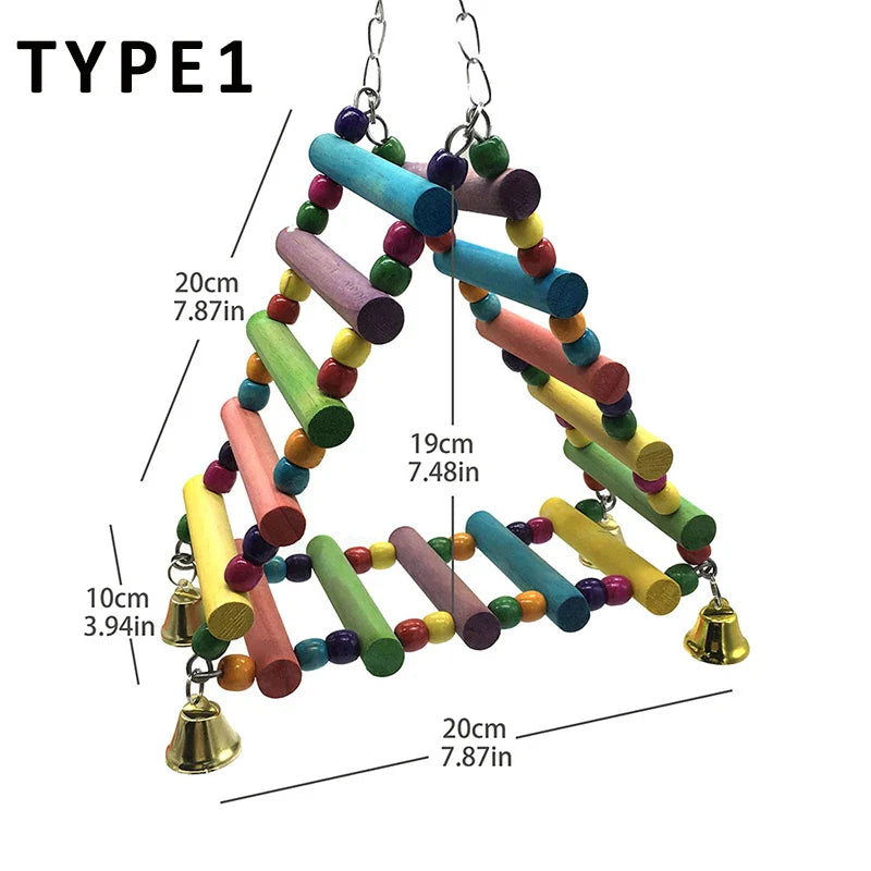 Colorful bird toy with measurements on a white background
