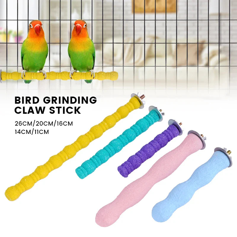 Bird grinding claw sticks in various colors with birds on a perch in the background.