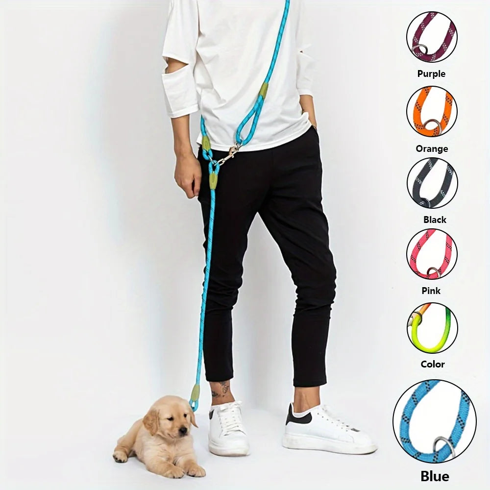 Person holding a blue dog leash with a puppy on a white background, featuring color options on the side.