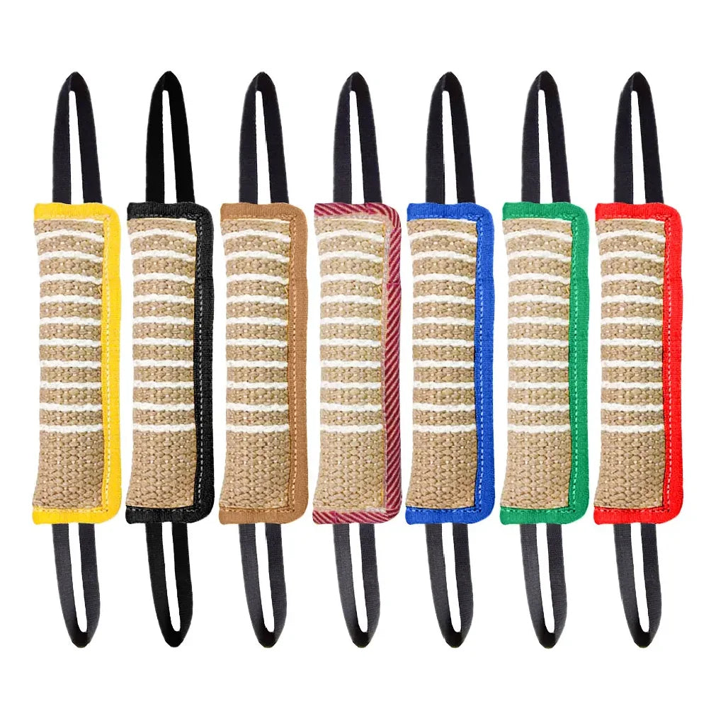 Set of eight striped dog chew toys with black handles on a white background