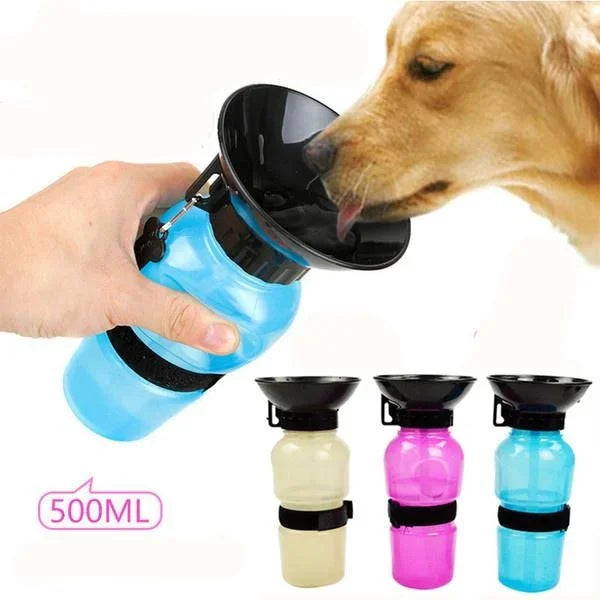 Dog drinking from a portable water bottle with three additional bottles in different colors on a white background.