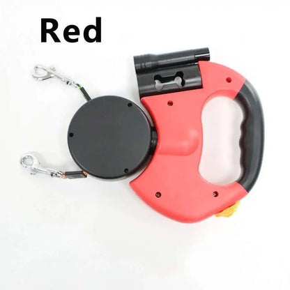 2-in-1 Auto-Retract Dual Dog Leash: LED Light + Tangle-Proof 360° Swivel & Poop Bag Dispenser