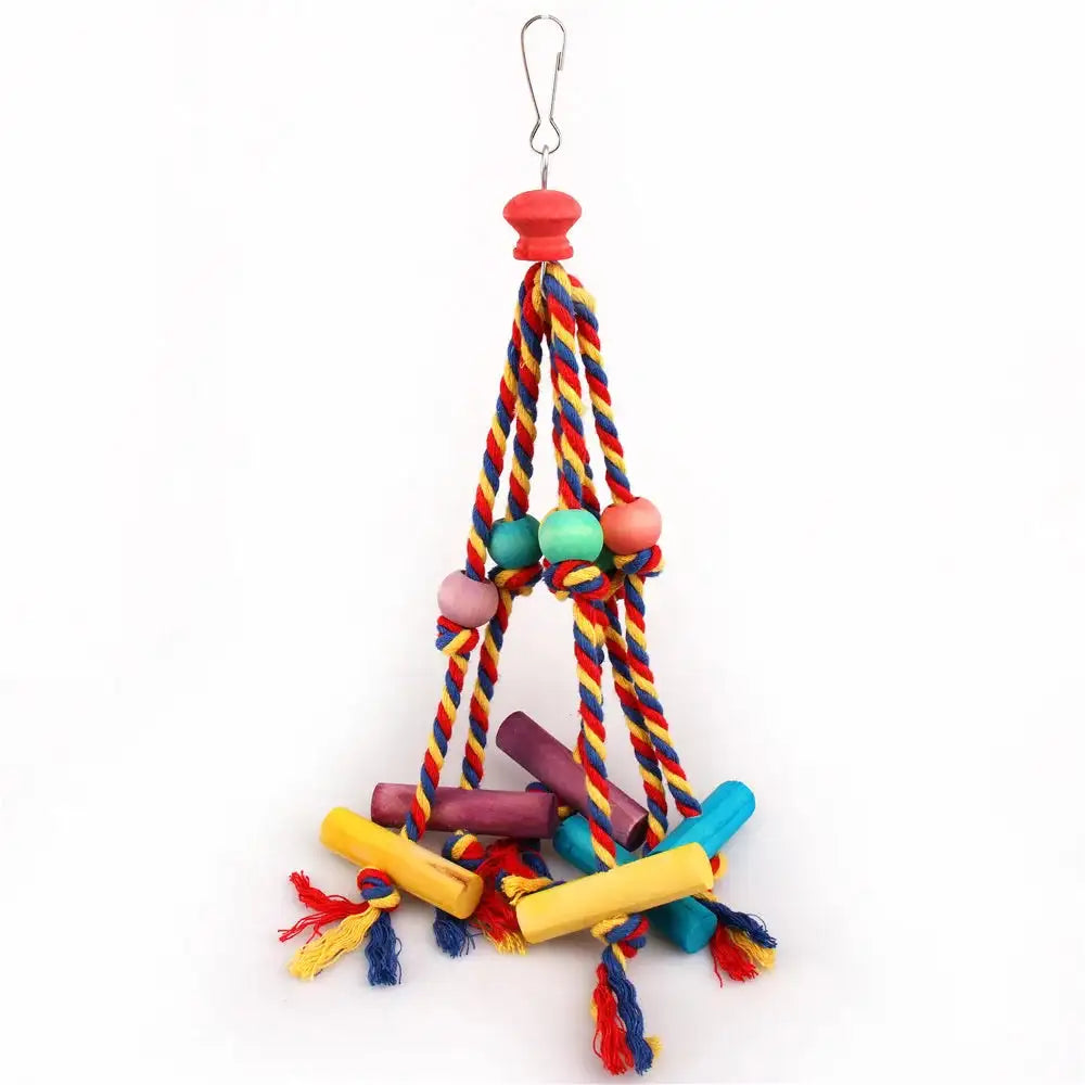 Colorful Wood & Cotton Rope Bird Chewing Toys - Perfect for Parrots and Cockatiels