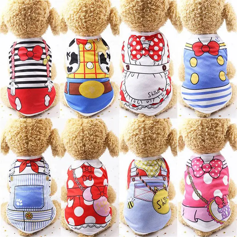 Collection of small dogs wearing colorful outfits with various designs.