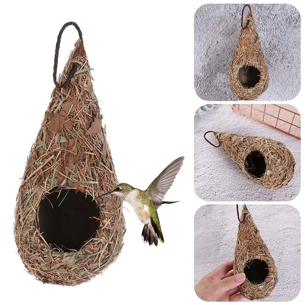 Bird nest made of straw with a bird perched on it, shown from multiple angles.