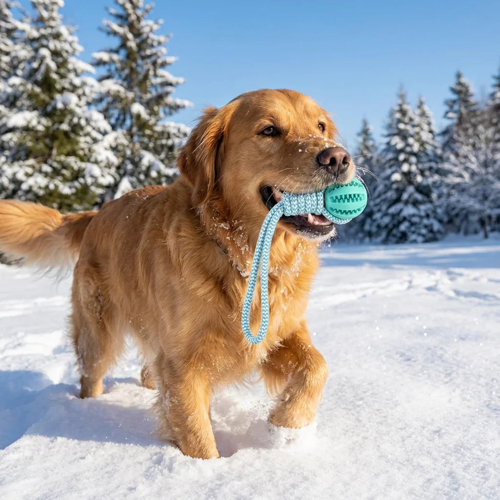 Dog playing with a blue ball in the snow