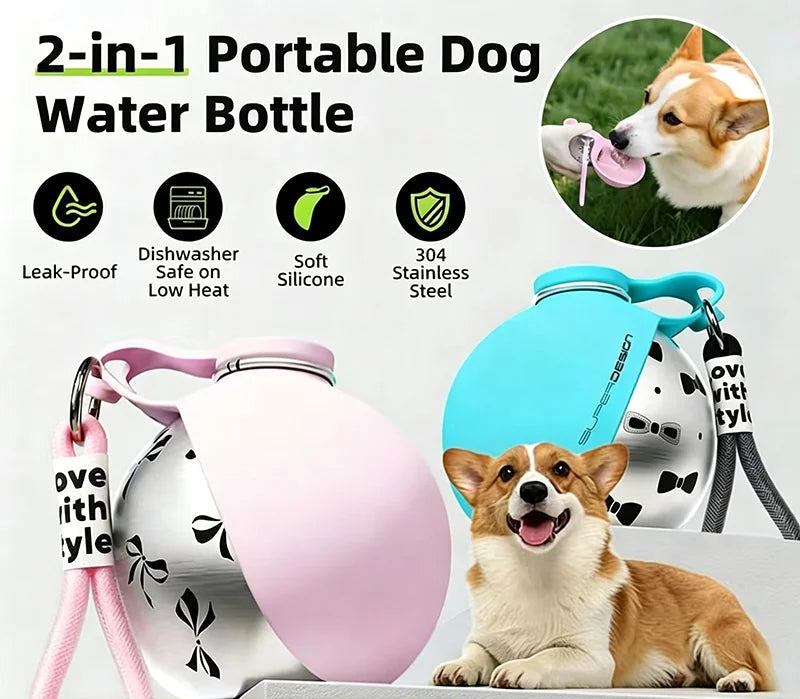 2-in-1 portable dog water bottle with a dog and promotional text on a white background